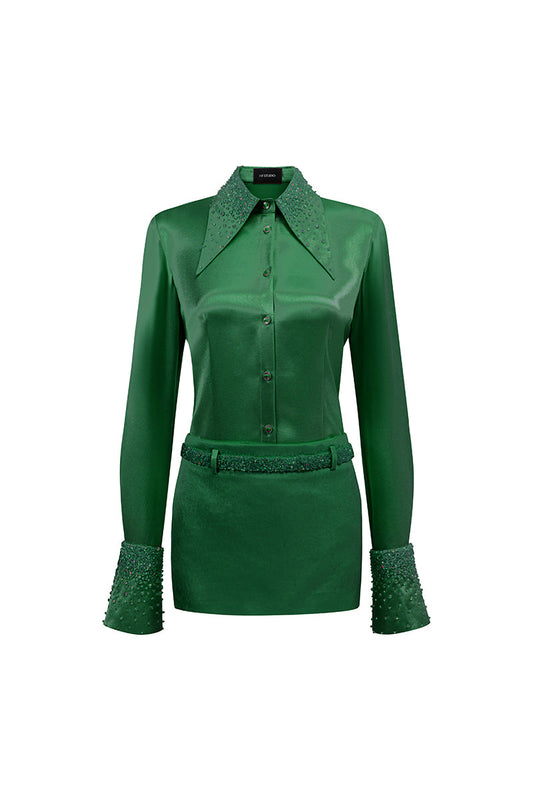 SATIN SHIRT AND SKIRT SET IN DARK GREEN