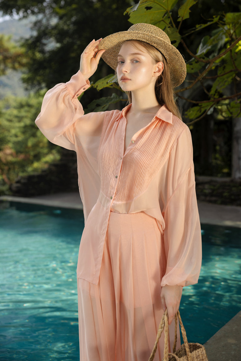 MELITA PEACH FUZZ SILK PLEATED SHIRT AND PANTS SET