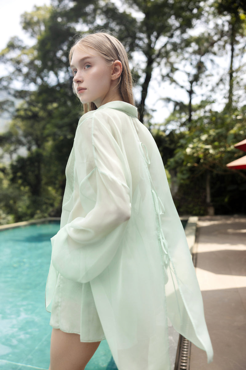 MELITA MINT SILK PLEATED SHIRT AND SHORTS SET