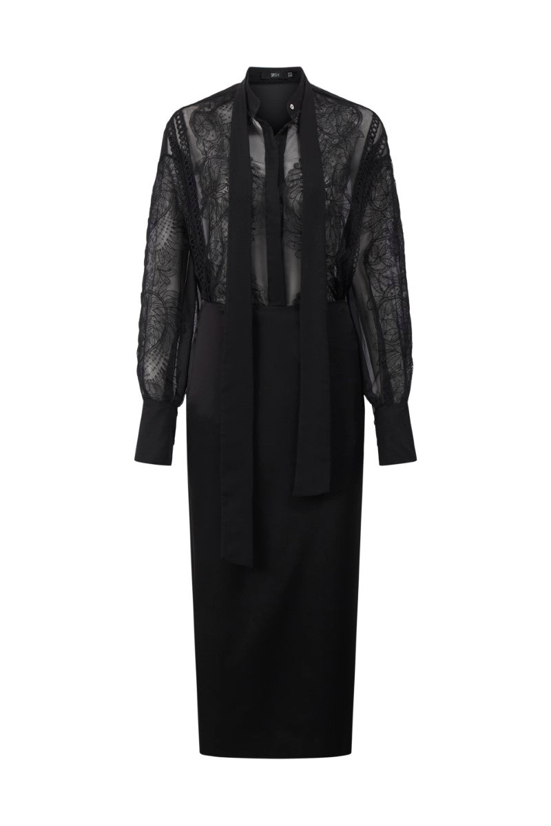 ARETHA BLACK SILK MIXED LACE SHIRT AND PENCIL SKIRT