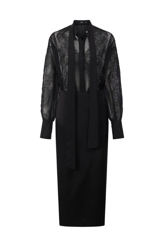 ARETHA BLACK SILK MIXED LACE SHIRT AND PENCIL SKIRT