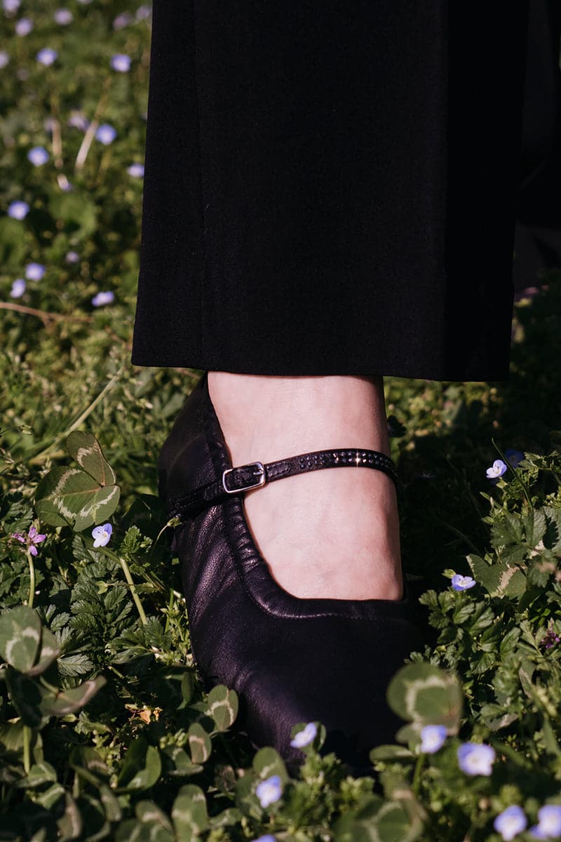 AURORA SILVER CRYSTAL BLACK NAPPA-EFFECT BALLERINA FLATS