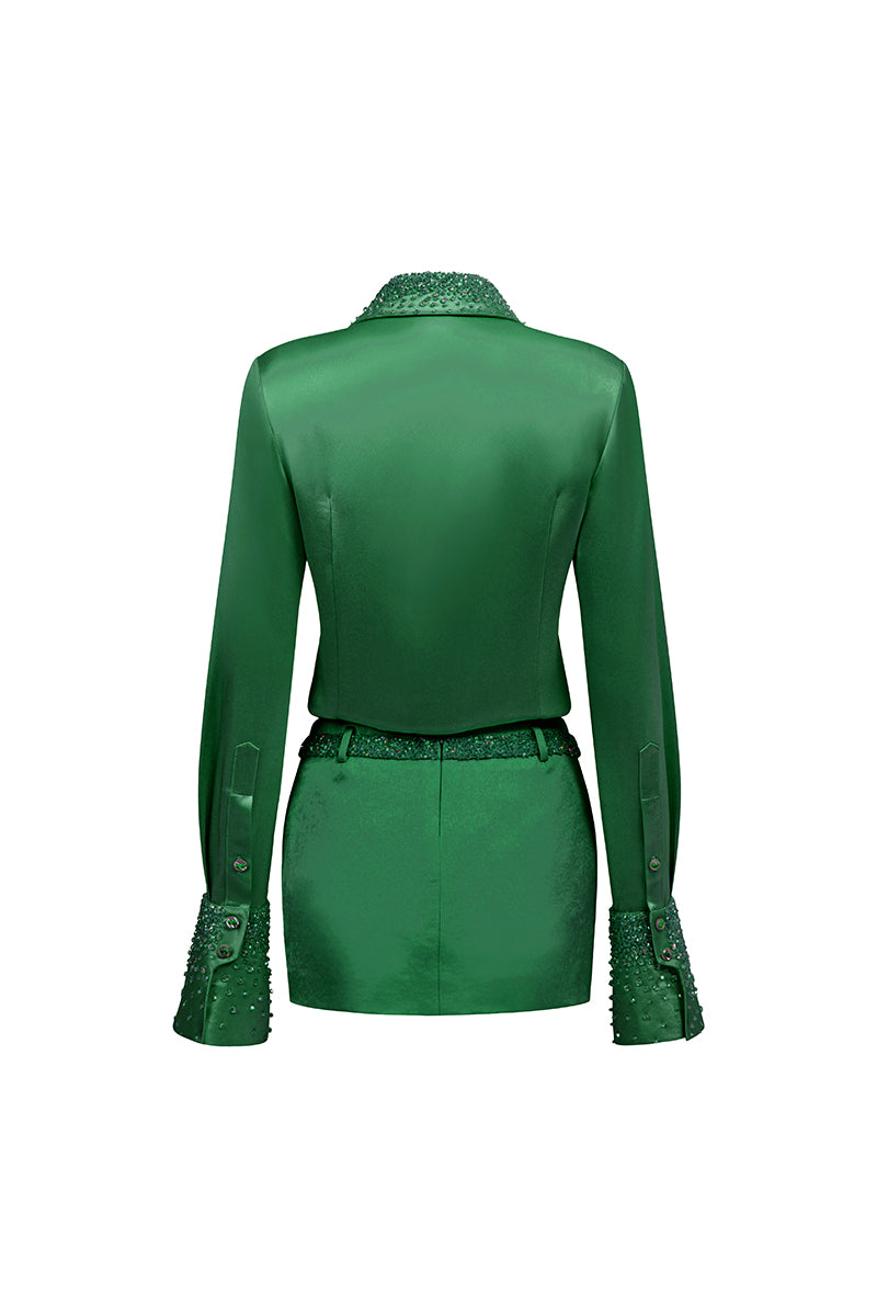 SATIN SHIRT AND SKIRT SET IN DARK GREEN