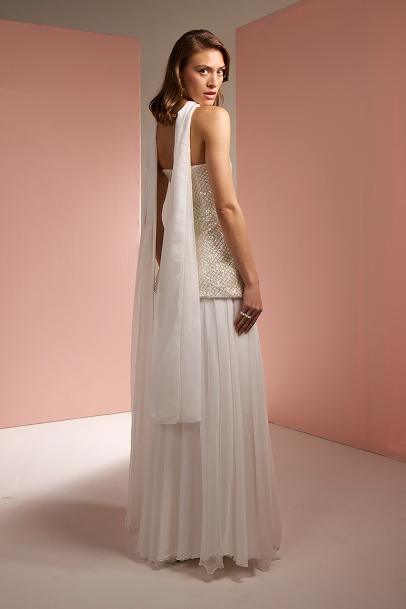 STRAPLESS TOP AND SKIRT SET WITH SCARF IN WHITE