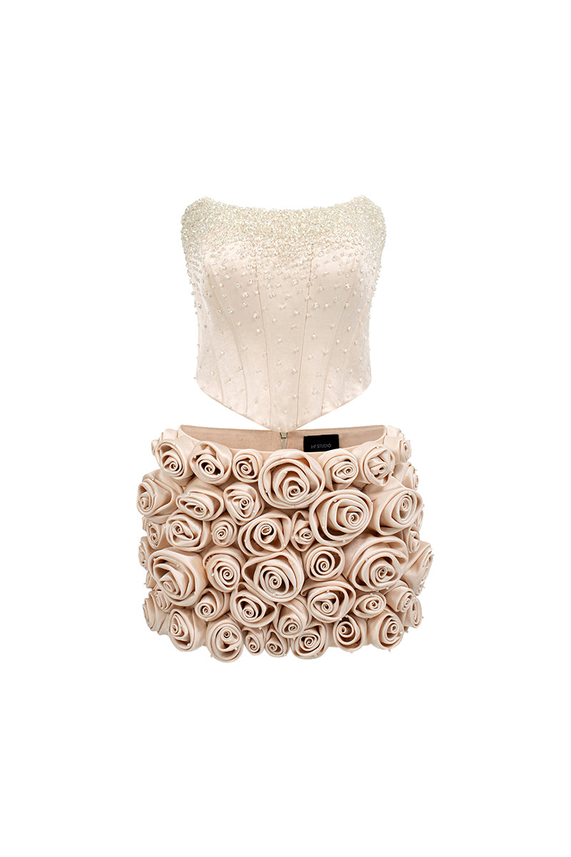 CORSET TOP AND EMBROIDERED SKIRT SET IN BEIGE