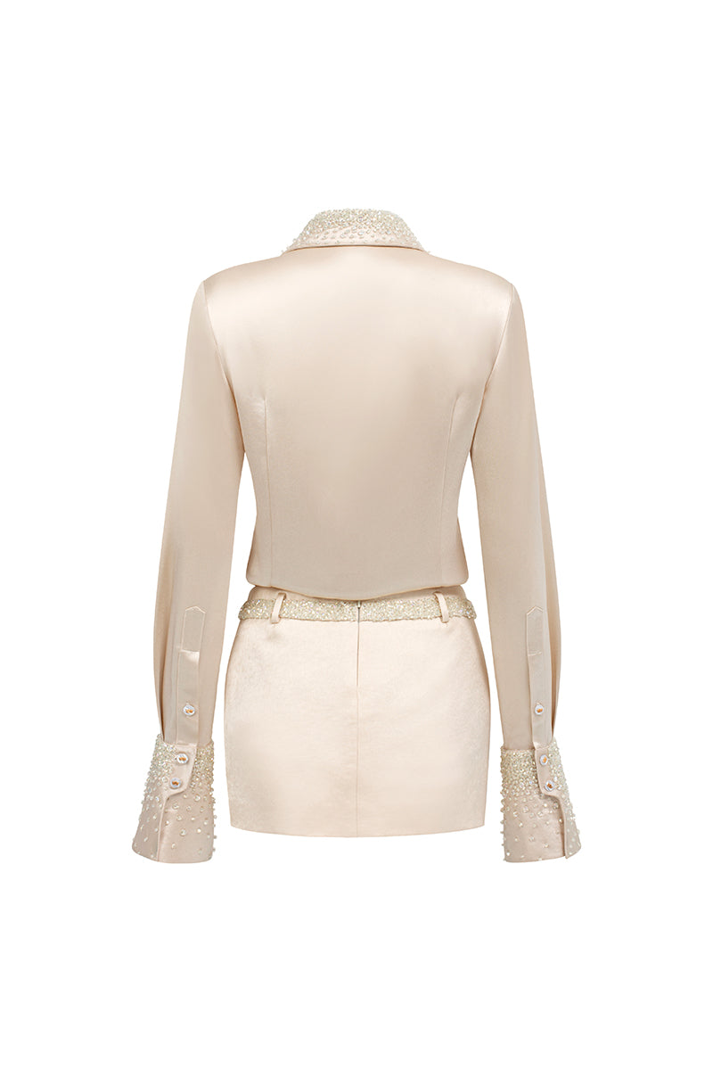 SATIN SHIRT AND SKIRT SET IN BEIGE