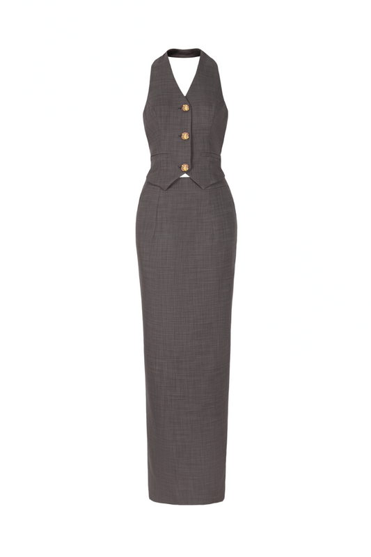 NORA HALTER BACKLESS COTTON VEST AND SKIRT SET