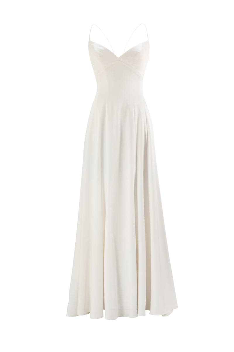 MINIMALISTIC SIMPLE GOWN WITH REMOVABLE MERINGUE FLOUNCES TRAIN