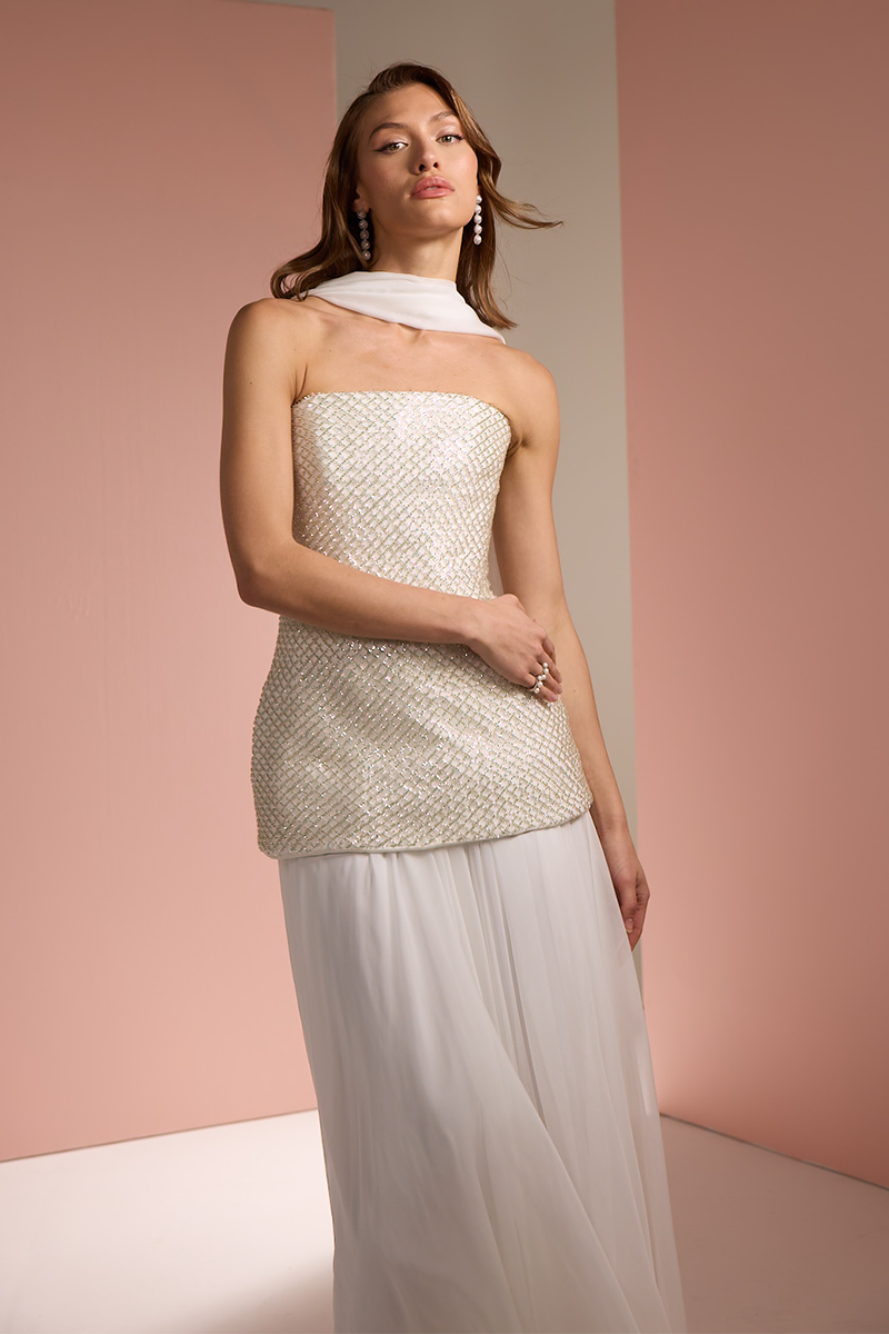 STRAPLESS TOP AND SKIRT SET WITH SCARF IN WHITE