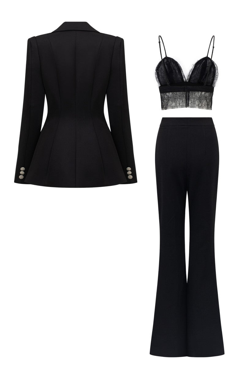 FIDELIA BLACK TAFFETA SLIM FIT THREE PIECE SET