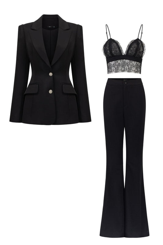 FIDELIA BLACK TAFFETA SLIM FIT THREE PIECE SET