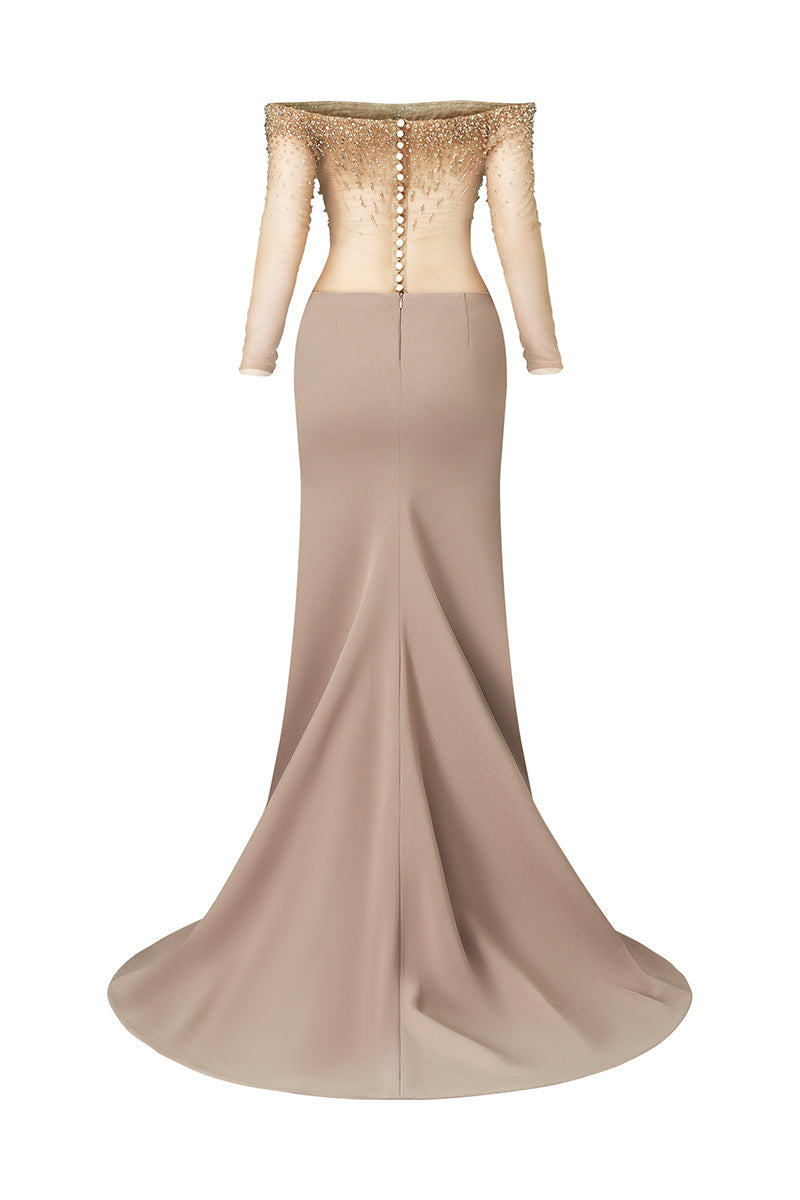 ELEGANT SHEER LONG DRESS WITH EMBROIDERED
