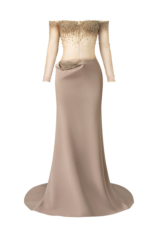 ELEGANT SHEER LONG DRESS WITH EMBROIDERED