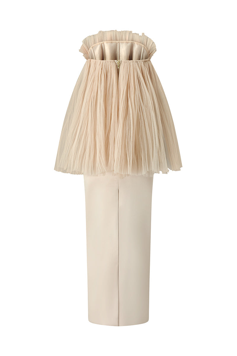 NUDE PLEATED TOP AND PENCIL SKIRT SET