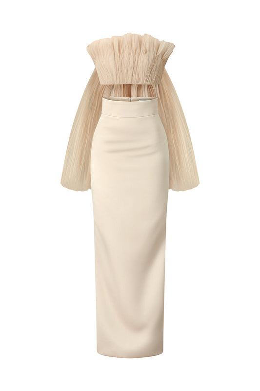 NUDE PLEATED TOP AND PENCIL SKIRT SET