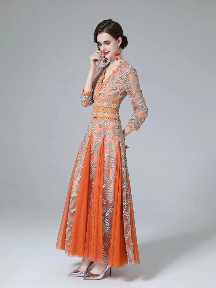 Couture Mesh Embroidery Midi Dress