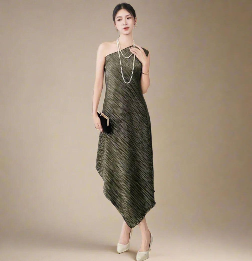 Asymmetric Pleated Midi Dress