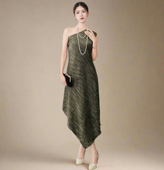 Asymmetric Pleated Midi Dress