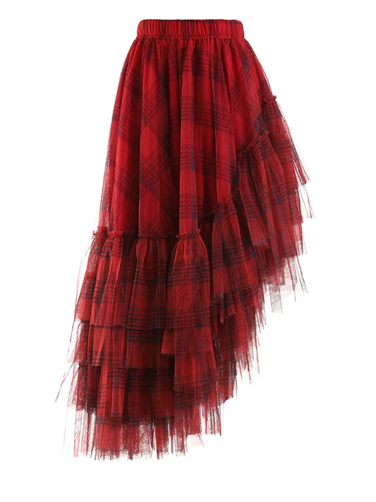 Plaid Asymmetric Tulle Pull-On Skirt