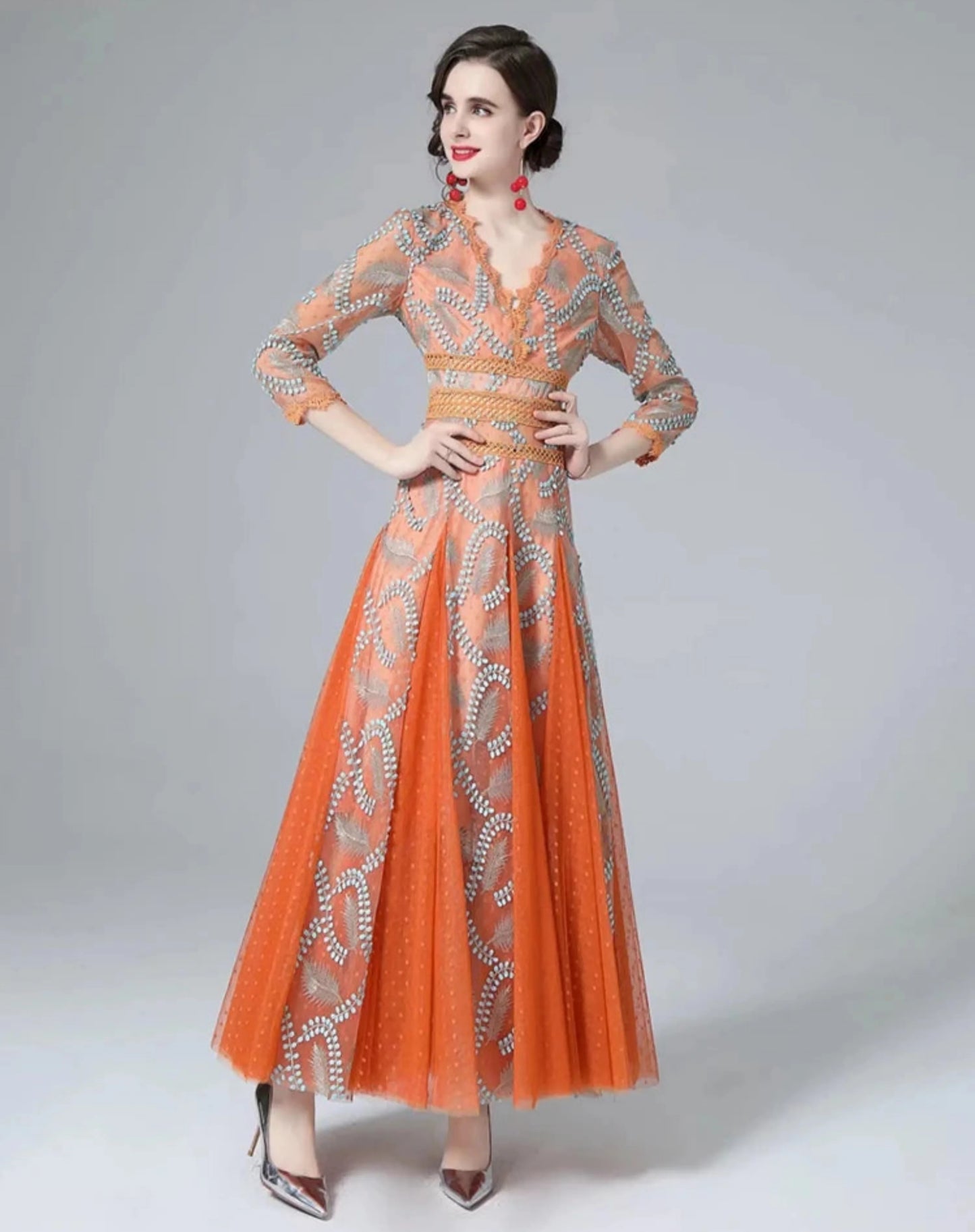 Couture Mesh Embroidery Midi Dress