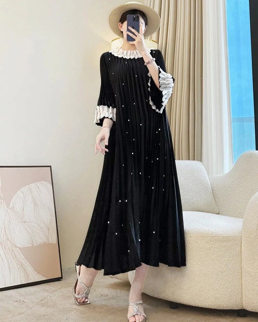 Plisse Ruffled Neckline Dress