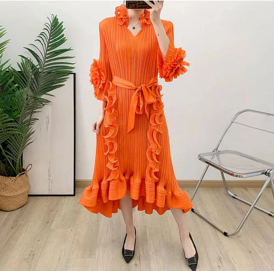 Pleated Ruffled Collar Dress
