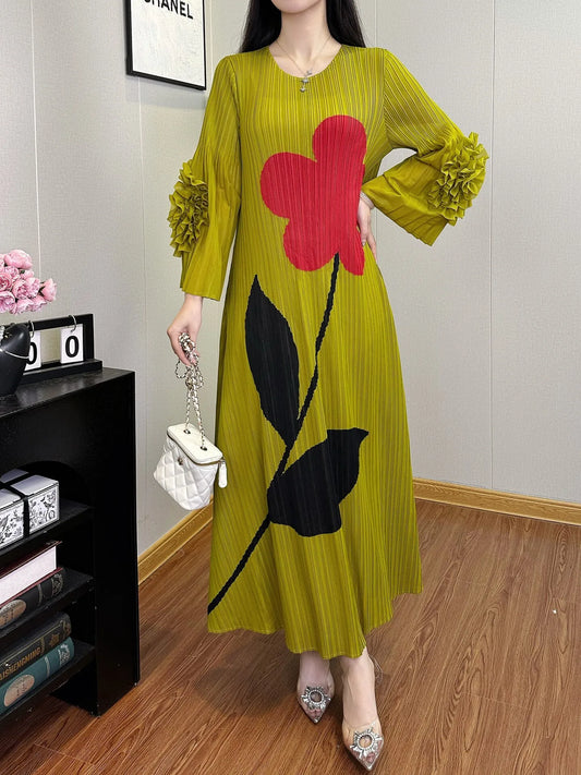 Luxe Flower Print Plisse Dress