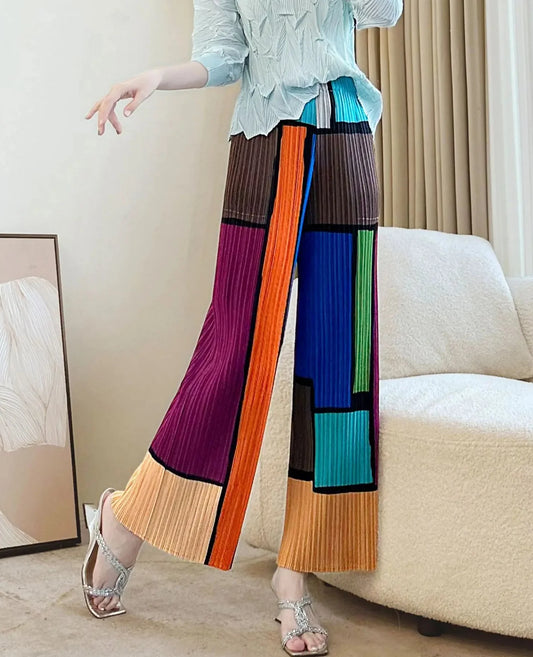 Luxury Color Block Pleats Pants