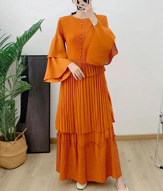 Luxury Pleated Flare Sleeve Dress