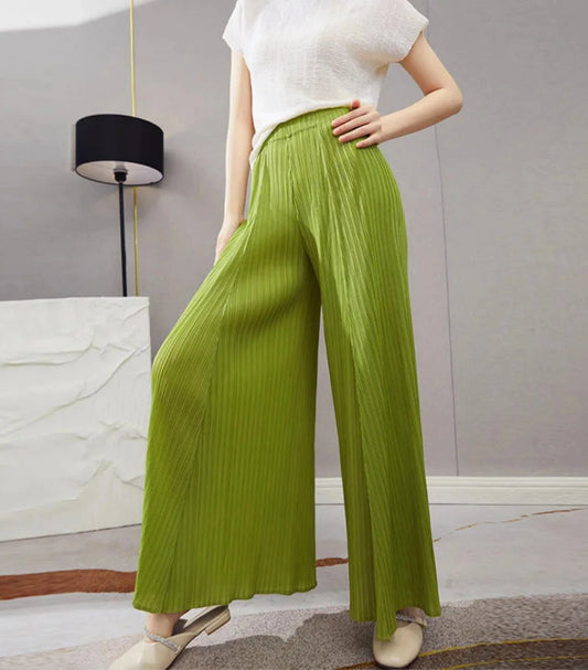 Lightweight Plissé Wide Leg Trousers