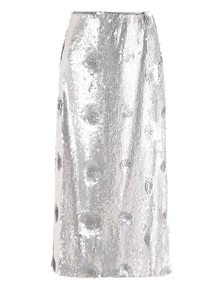 Luxury Silver Sequin Midi Skirt