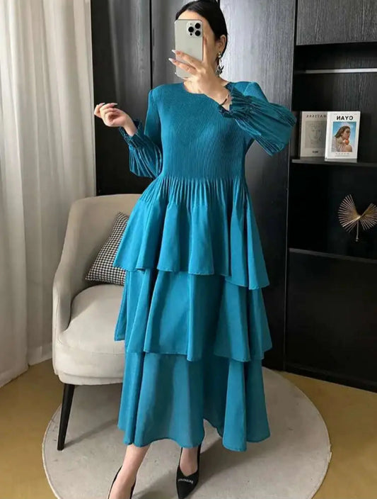 Pleated Lantern Sleeve Ruffle Dress