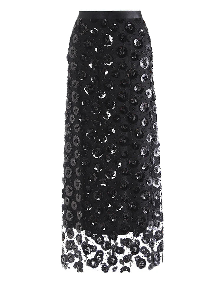 Elegant Floral Sequin Mesh Skirt