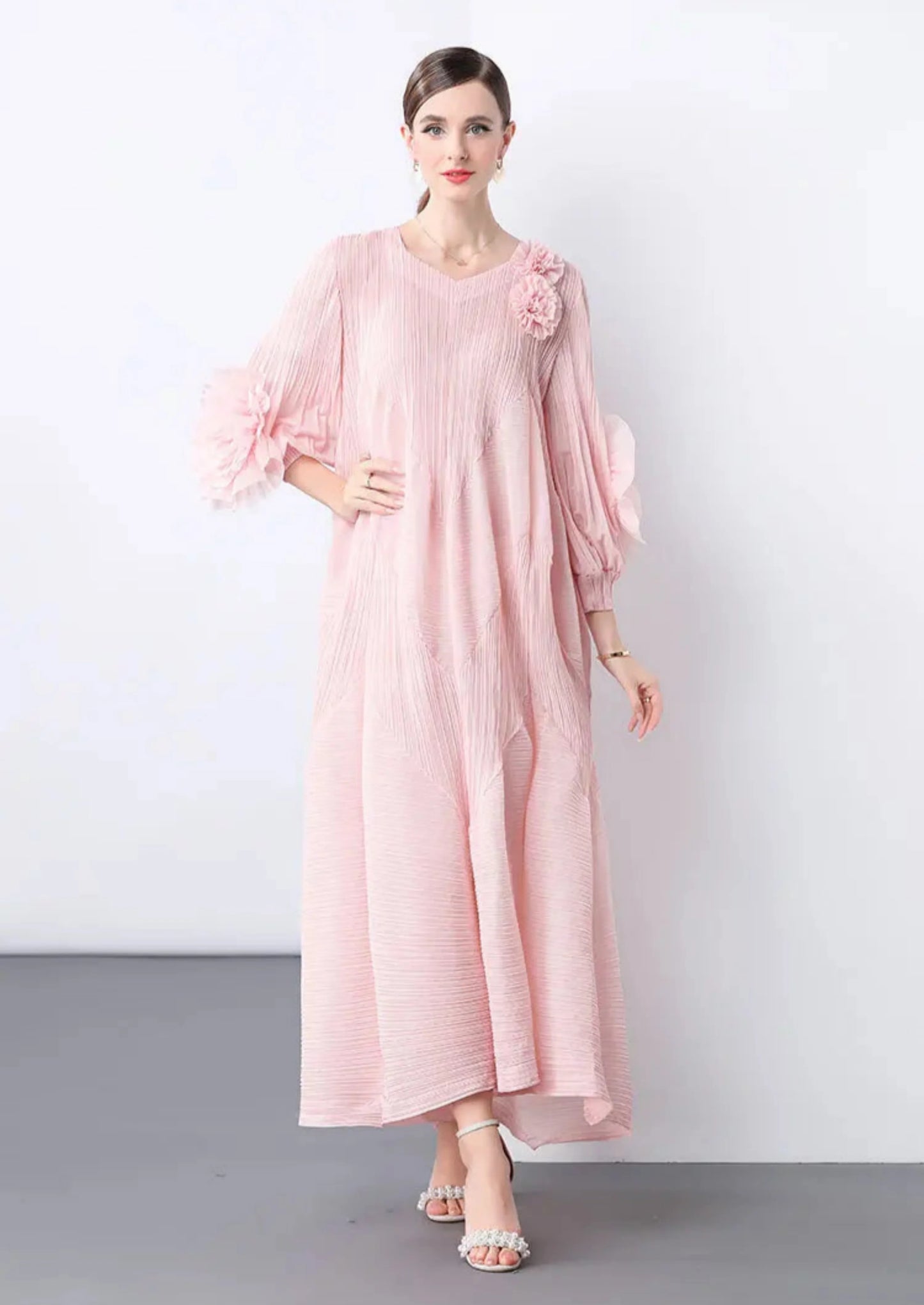 Floral Bell Sleeve Pleated Dress