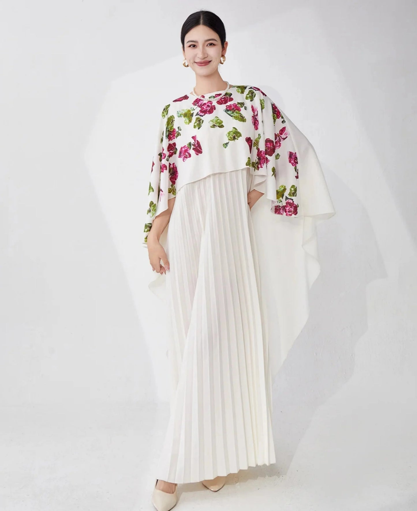 Pleated Petite Floral Cape Dress