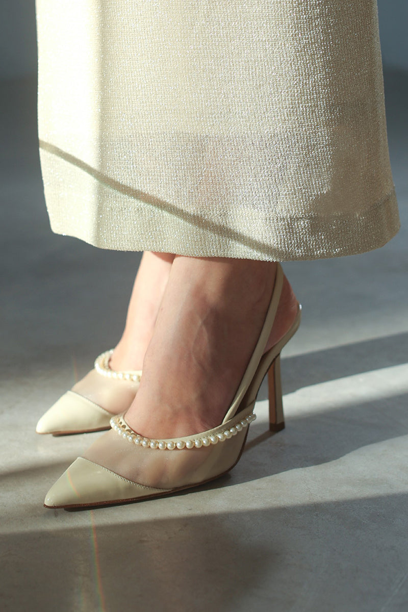 WHEAT PATENT PEARL SLINGBACK HEELS