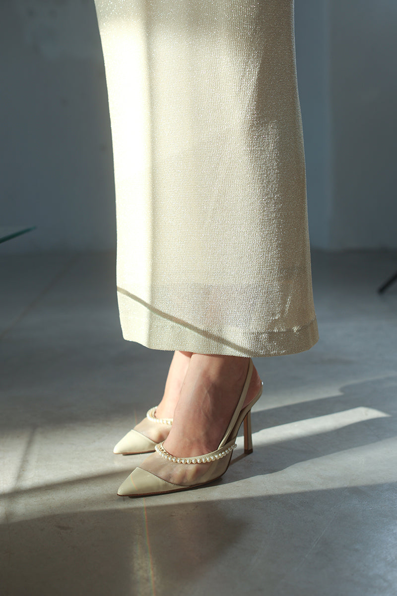WHEAT PATENT PEARL SLINGBACK HEELS
