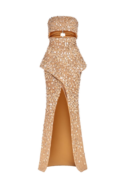 GOLDEN-BROWN 2-PIECE TWEED DRESS