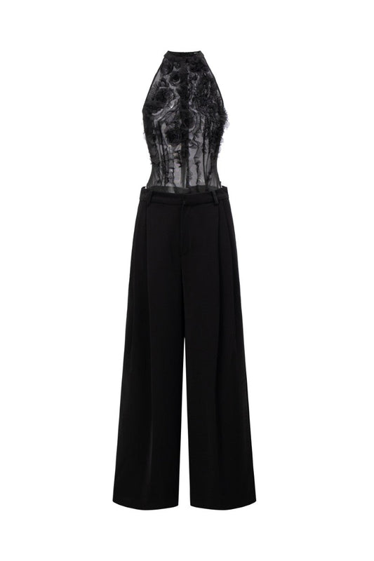 JAMBARI TULLE RUFFLES TOP & MAJMAT CREPE STRAIGHT PANTS IN BLACK