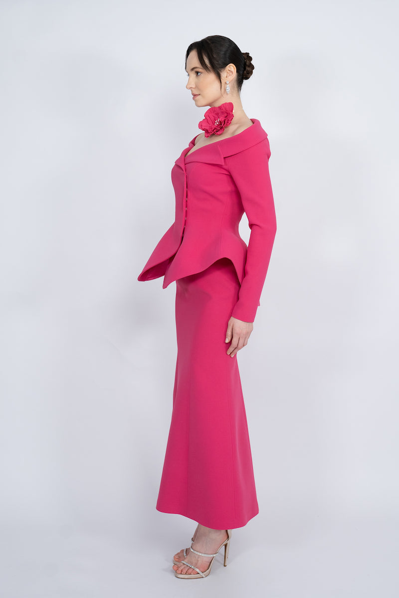 FUCHSIA TWO-PIECE HANDMADE FLORAL DETAIL MAXI SUIT