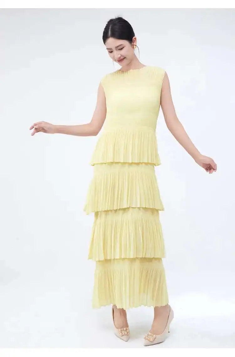 Unique Tiered Pleated Sleeveless Dress