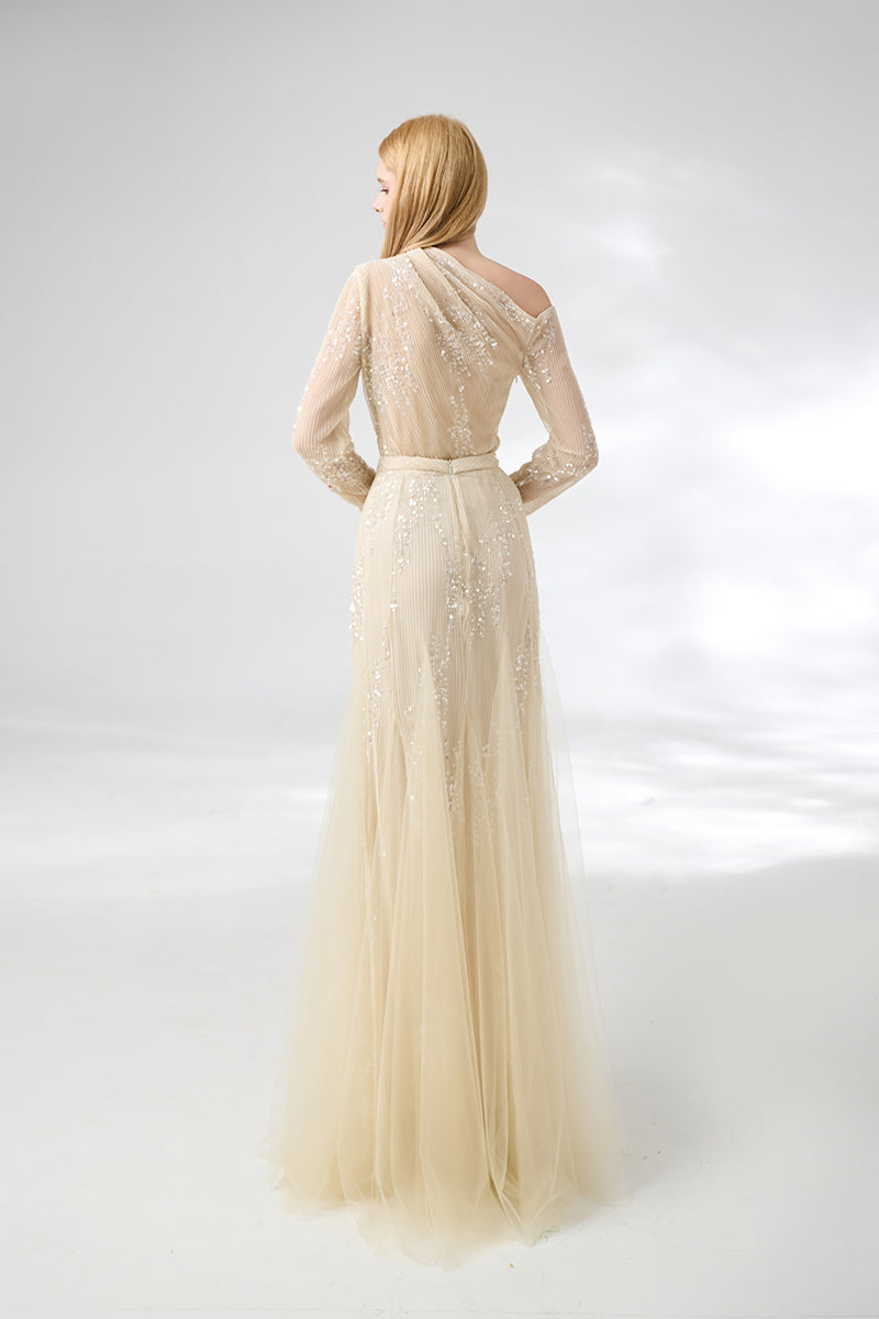 BEIGE SOFTEN LAYERED FLOOR LENGTH TOP AND SKIRT SET