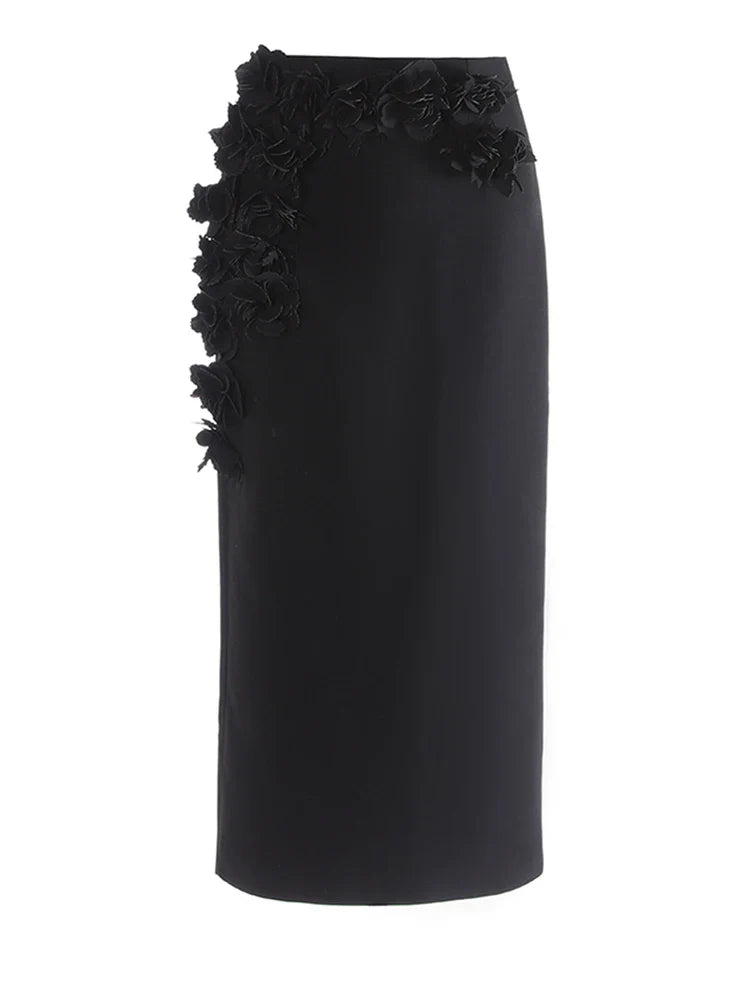 Red Floral Appliqué Midi Skirt