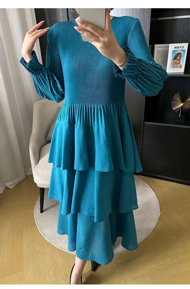 Pleated Lantern Sleeve Ruffle Dress