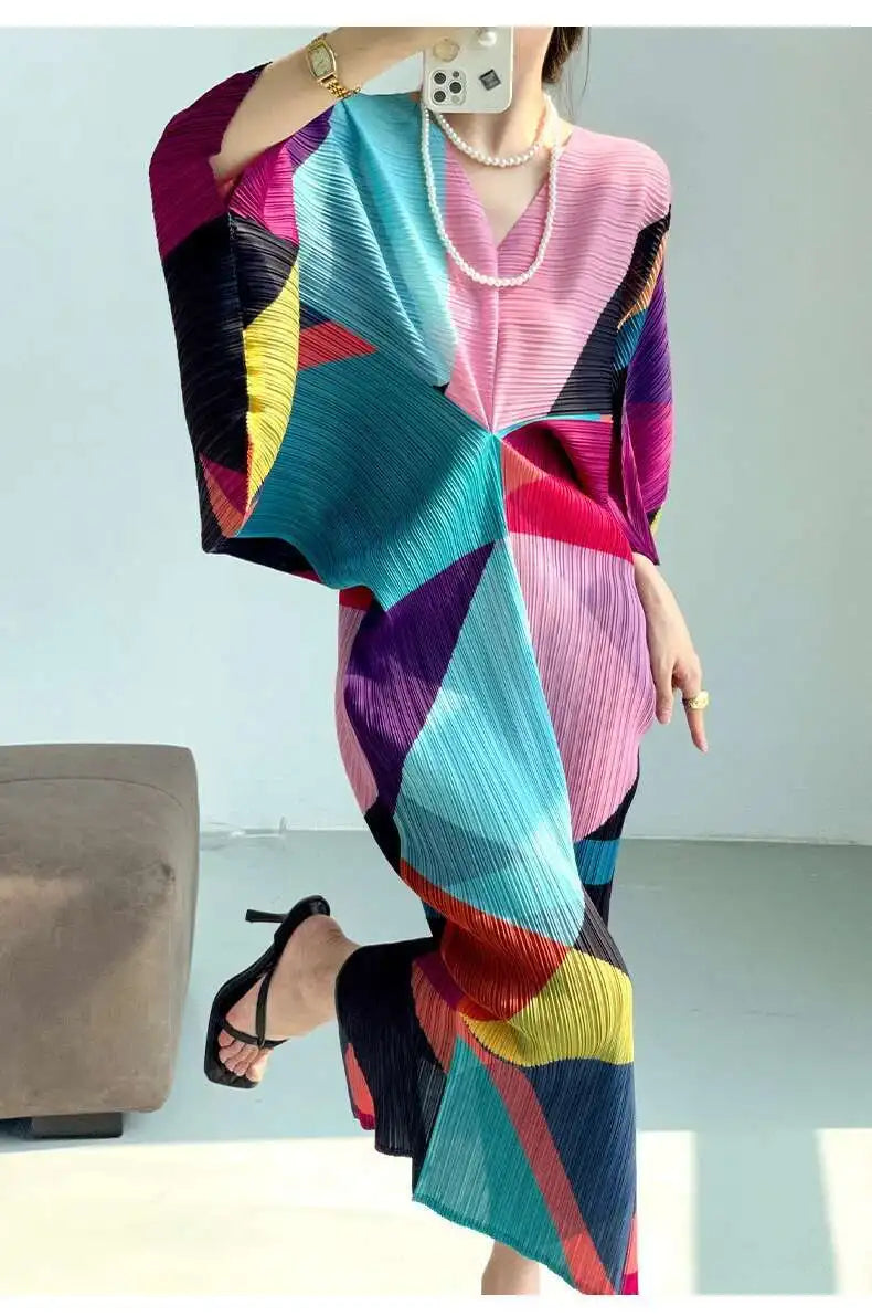 Pleated Geometric Batwing Dress