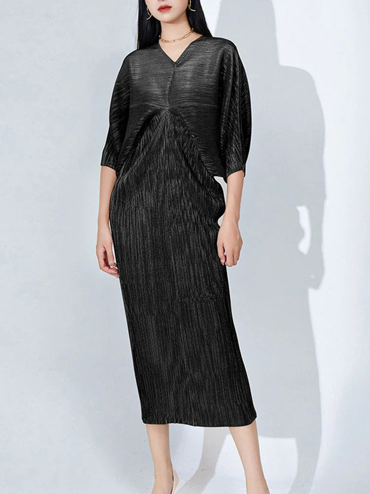 V-Neck Flutter Sleeve Pleated Midi Dress