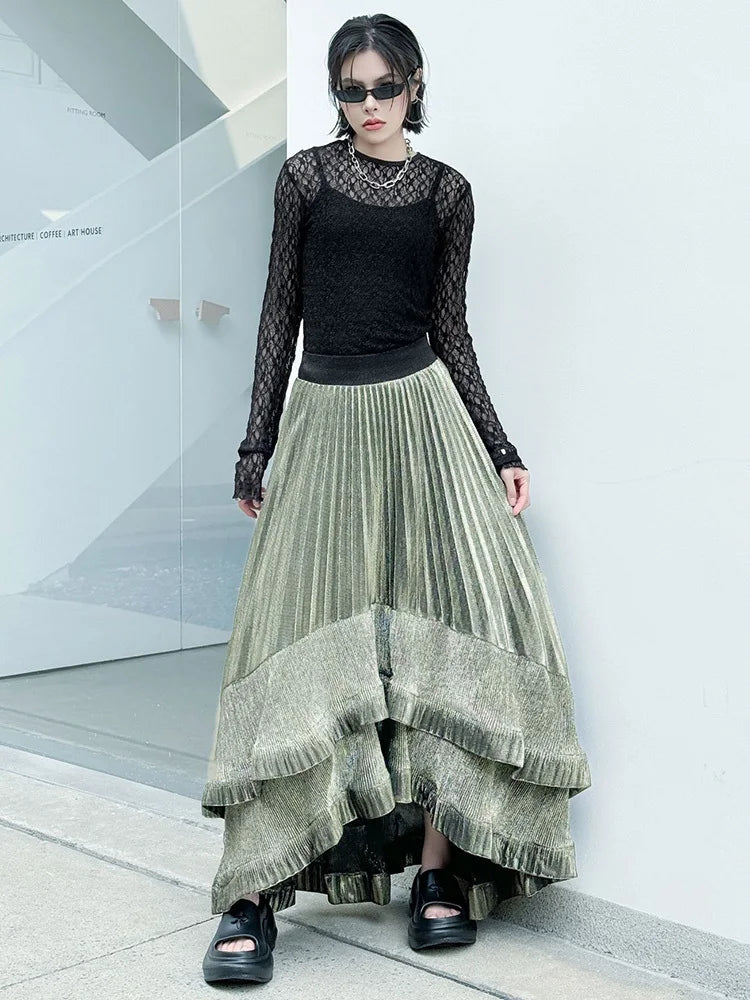 Metallic Asymmetric Pleated Skirt