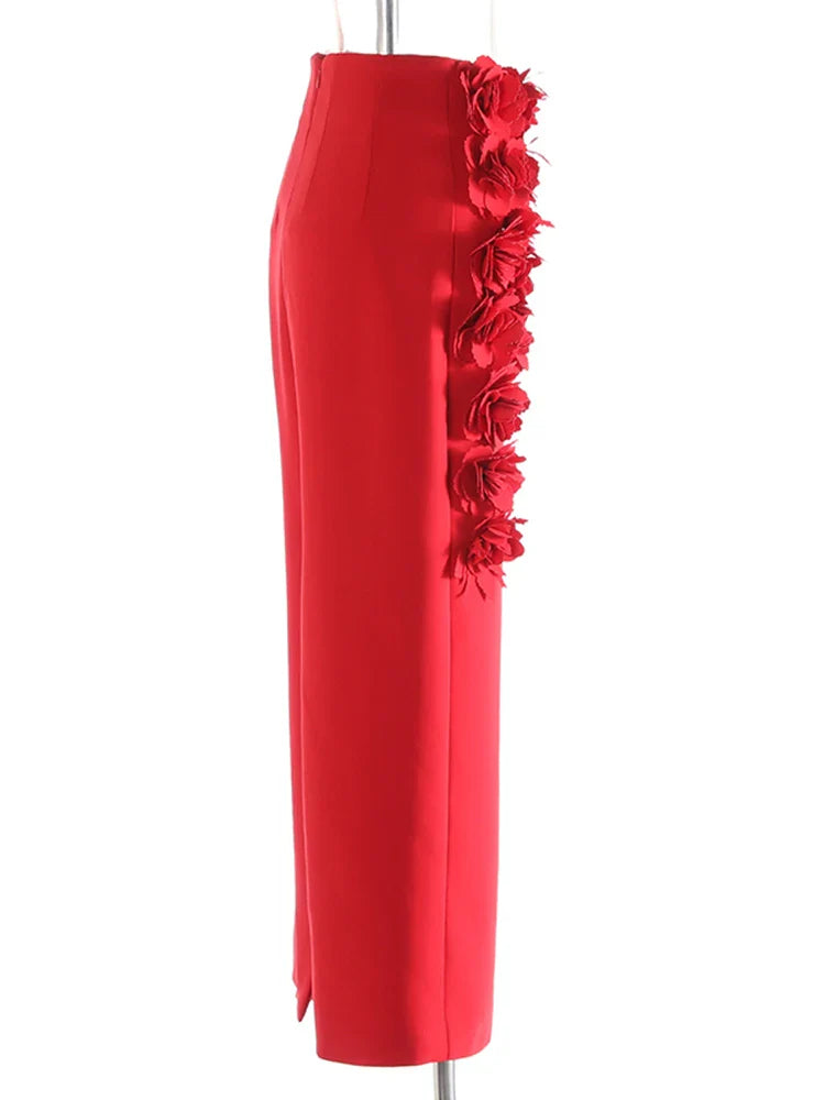 Red Floral Appliqué Midi Skirt