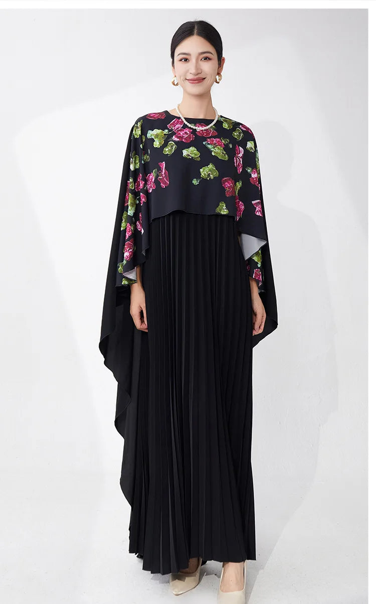 Pleated Petite Floral Cape Dress