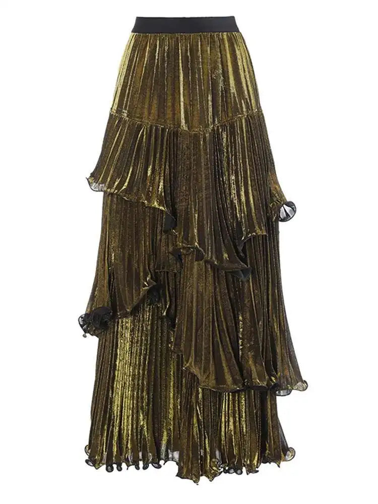 Metallic Tiered Midi Skirt